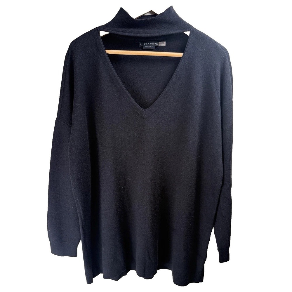 Alice + Olivia Black Long Sleeve Sweater Keyhole Neck SZ. L 6% Cashmere Career